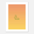 Affiche d'art minimaliste représentant une voiture ancienne devant des cactus dans le désert
